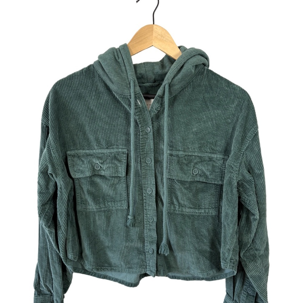 American Eagle Green Corduroy Hooded Cropped Shirt Jacket M